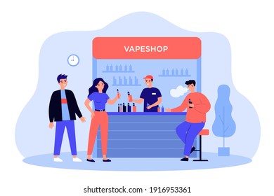 Vape shop assistant selling bottles from showcase to smokers. Vapers relaxing at bar counter, smoking electronic vaporizer cigarettes. Flat vector illustration for lifestyle, nicotine concept