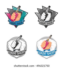 Vape shop badge, logo or symbol set design concept. Can be used for advertising vape shop, electronic cigarettes store. Vector illustration.