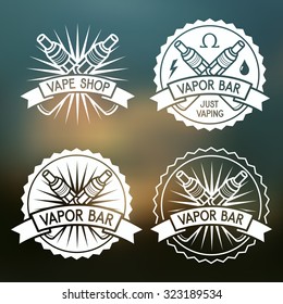 Vape shop and bar emblems, isolated on blurred background. Vector illustration of Electronic cigarette. Vape trend.