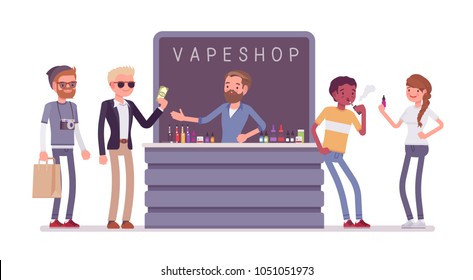 Vape shop business. Group of urban hipsters in store selling electronic cigarette products, selection of e-liquids, buy and enjoy vaping, breathe in nicotine. Vector flat style cartoon illustration