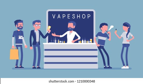 Vape shop business. Group of urban hipsters in store selling electronic cigarette products, selection of e-liquids, buy and enjoy vaping, breathe in nicotine. Vector illustration, faceless characters