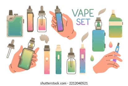 Vape shop colorful set. Electronic cigarettes and vape set. Modern vector illustration. Variety of designs vape pens and pod mods. Flat vector design for web