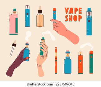 Vape shop colorful set. Electronic cigarettes and vape set. Modern vector illustration. Variety of designs vape pens and hands holding pod mods. Flat vector design for web and print.