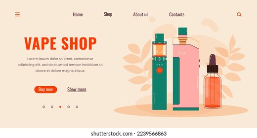 Vape shop colorful web page. Electronic cigarettes and vape. Modern vector illustration. Alternative smoking device. Flat vector design for web.