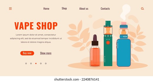 Vape shop colorful web page. Electronic cigarettes and vape. Modern vector illustration. Alternative smoking device. Flat vector design for web.