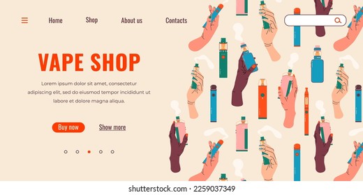 Vape shop colorful web page. Electronic cigarettes and vape. Modern vector illustration. Alternative smoking device. Flat vector design for web.