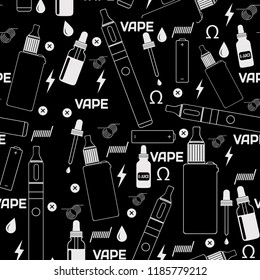 Vape shop or e-cigarette store seamless pattern on black background, vector illustration