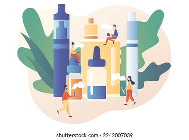 Vape Shop. Electronic cigarette products. Alternative smoking device. Vaping concept. Analog nicotine intake. Dangerous addiction. Modern flat cartoon style. Vector illustration on white background