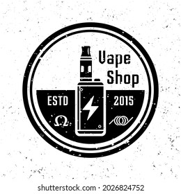Vape-Shop und elektronische Zigaretten Vektormonochrome runde Embleme, Etiketten, Abzeichen oder Logo im Vintage-Stil auf Hintergrund mit abnehmbaren Grunge-Texturen