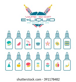 Vape shop e-liquid flavors icons set in flat style. Color print on white background