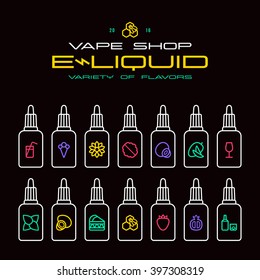 Vape shop e-liquid flavors icons set in thin line style. Bright color on black background