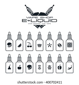 Vape shop e-liquid flavors icons set in flat style. Black print on white background