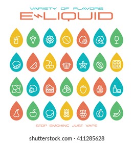 Vape shop e-liquid flavors icons in the form of drops. Color print on white background