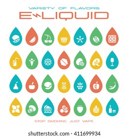 Vape Shop E-liquid Flavors Icons In The Form Of Drops. Color Print On White Background