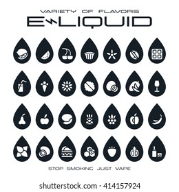 Vape Shop E-liquid Flavors Icons In The Form Of Drops. Black Print On White Background