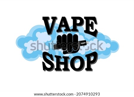 Vape shop icon or logo, hand holding vapor cigarrete with smokes effect behind it
