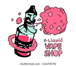 Vape shop Isolated logo.E-cigarette liquid lets steam from mouth, T-shirt print. Vintage cartoon style. Vector illustration.