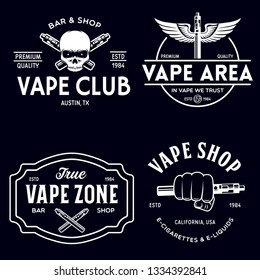 Vape shop labels emblems badges set. Vaping related typography collection. Trendy design elements for t-shirt prints and advertising. Vector vintage illustration.