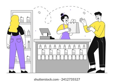 Vape shop linear concept. Man and woman buying electronic cigarettes. Seller and buyers with liquids for vaporizer. Bad habits. Doodle flat vector illustration isolated on white background