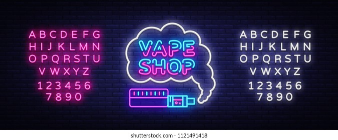 Vape Shop Logo Neon Vector. Vape neon sign design template on theme electronic cigarettes, light banner, night bright advertising Vaping store, Trendy modern design. Vector. Editing text neon sign