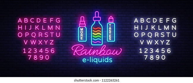 Vape Shop Logo Neon Vector. Rainbow e-liquids concept, Vape neon sign design template, light banner, night bright advertising for Vaping store, Trendy modern design. Vector. Editing text neon sign