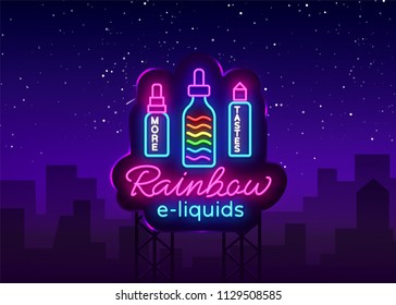 Vape Shop Logo Neon Vector. Rainbow e-liquids concept, Vape neon sign design template, light banner, night bright advertising for Vaping store, Trendy modern design. Vector Illustration. Billboard