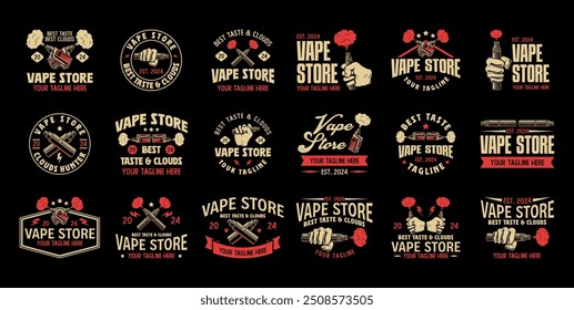 Vape shop logo vector templates collection. Smoke shop logo. Vape shop, vaping club retro logo emblem bundle