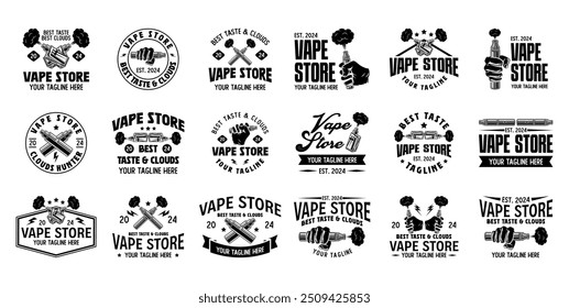 Vape shop logo vector templates collection. Smoke shop logo. Vape shop, vaping club retro logo emblem bundle