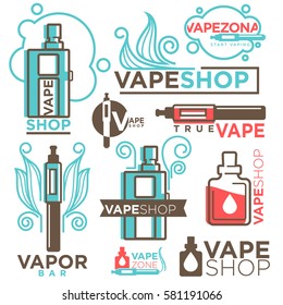 Vape shop logos templates set. Vector icons or modern trendy vaping or smoking types of shisha, hookah and electronic cigarettes with aroma tobacco cartridges