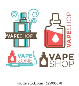 Vape shop logotypes on white flat vector illustration