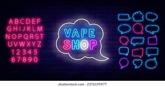 Vape shop neon emblem. Colorful handwritten text. Smoking market label. Cloud frame. Bright advertising. Speech bubbles frames collection. Shiny pink alphabet. Editing text. Vector stock illustration