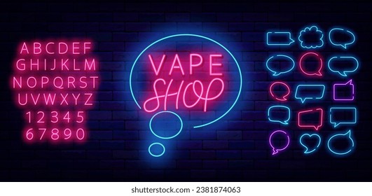 Vape shop neon inscription. Minimal lettering. Smoke market label. Cloud frame. Bright advertising. Speech bubbles frames set. Glowing pink alphabet. Editable stroke. Vector stock illustration