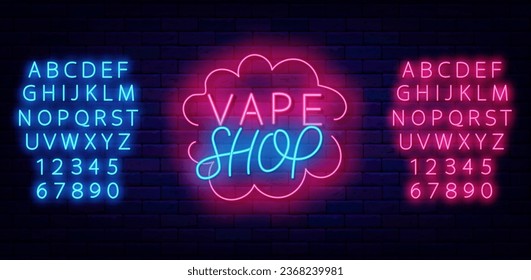 Vape shop neon inscription. Smoke market label. Cloud frame. Bright advertising. Glowing pink and blue alphabet. Editing text. Vector stock illustration