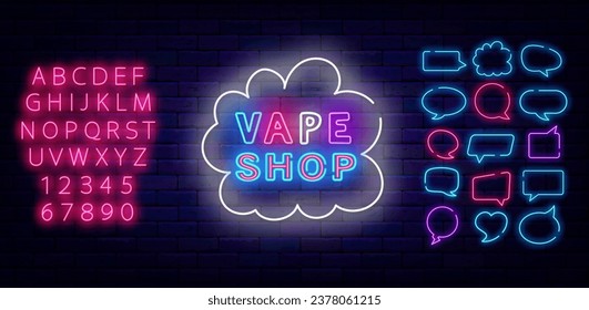 Vape shop neon labels. Smoke market label. Bubble white frame. Bright advertising. Speech bubbles frames set. Glowing pink alphabet. Editing text. Vector stock illustration