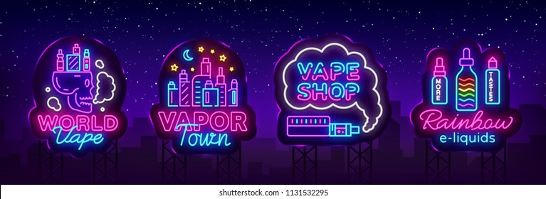 Vape Shop Neon Sign Collection Vector. Vaping Store Logos Set Emblem Neon, Its Vape Shop Concept Vapor Town, Rainbow E-liquids. Trendy Designer Elements For Advertising. Vector Billboards