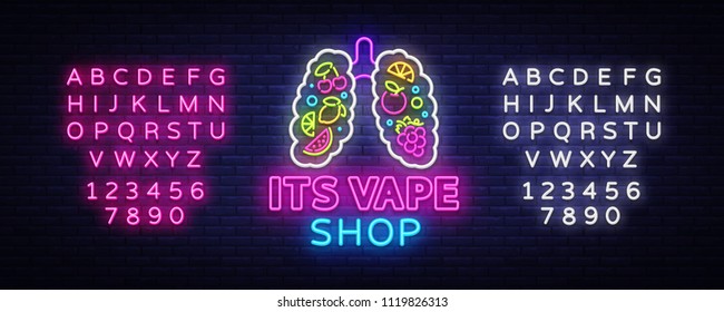 Vape shop neon sign vector. Vaping Store Logo Emblem Neon, Its Vape Shop Concept With Lungs and Fruits, Fighting Smoking. Trendy designer elements for advertising. Vector. Editing text neon sign