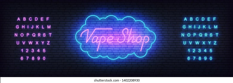 Vape shop neon template. Glowing lettering Vape shop sign.