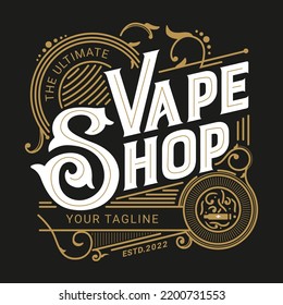 Vape shop ornate vintage victorian typography logo design with decorative ornamental flourish frame