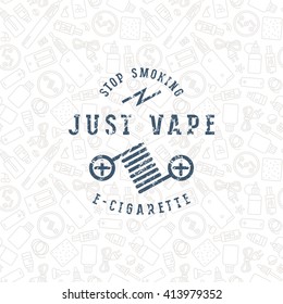 Vape shop seamless pattern and label with shabby texture. Color print on light  background