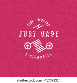 Vape shop seamless pattern and label with shabby texture. White print on color pattern background