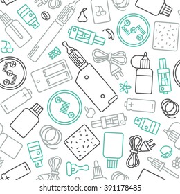 Vape shop seamless pattern in thin line style. Color print on white  background