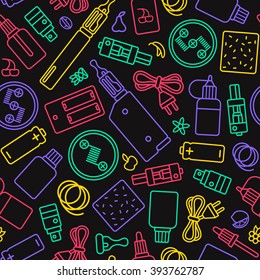 Vape shop seamless pattern in thin line style. Color print on black  background
