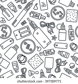 Vape shop seamless pattern in thin line style. Black lines print on white  background