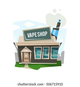 Vape shop store in a flat style with a cloud of steam. Vector illustration.