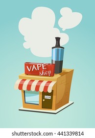 Vape shop store front with a cloud of vapor. Vector cartoon illustration for print and web. Stop smoking, start vaping.
