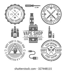 Vape shop and vapor bar, e-cigarette and e-liquid, set of vector monochrome labels and design elements isolated on white background