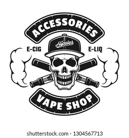 Vape shop vector monochrome emblem, badge, label or logo with skull in cap and electronic cigarettes isolated on white background