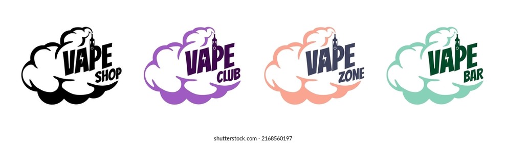 Vape shop vintage comic style logo set. Hipster cartoon vaporizer smoke cloud with lettering. Electronic cigarette store logotype. E-cigarette vaping seller badge vector eps design template