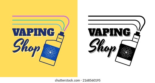 Vape shop vintage logo. Hipster linear vaporizer smoke cloud with lettering. Electronic cigarette store retro style logotype. E-cigarette vaping seller badge vector eps design template