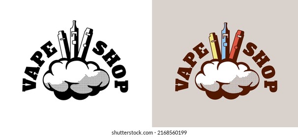Vape shop vintage retro style logo set. Hipster cartoon vaporizers with smoke cloud and lettering. Electronic cigarette store logotype. E-cigarette vaping seller badge vector eps design template